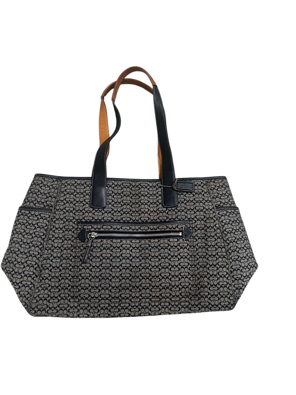 Coach authentic Monogram Canvas Tote leather Black Trim & Black/tan Handles